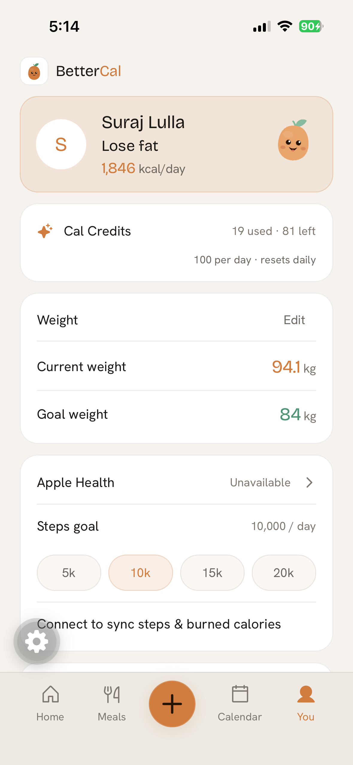 BetterCal profile showing goals, weight, and daily targets