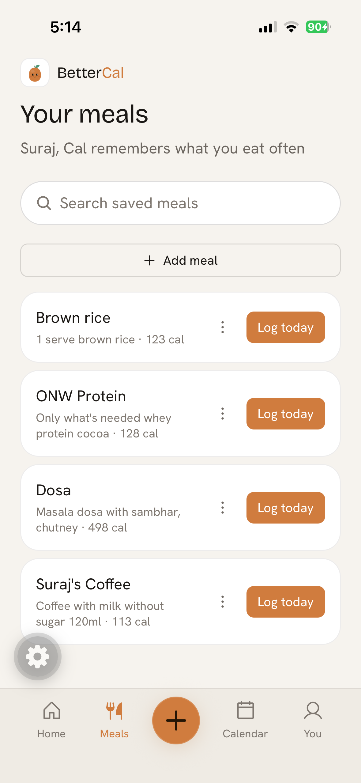 BetterCal saved meals with one-tap log today buttons