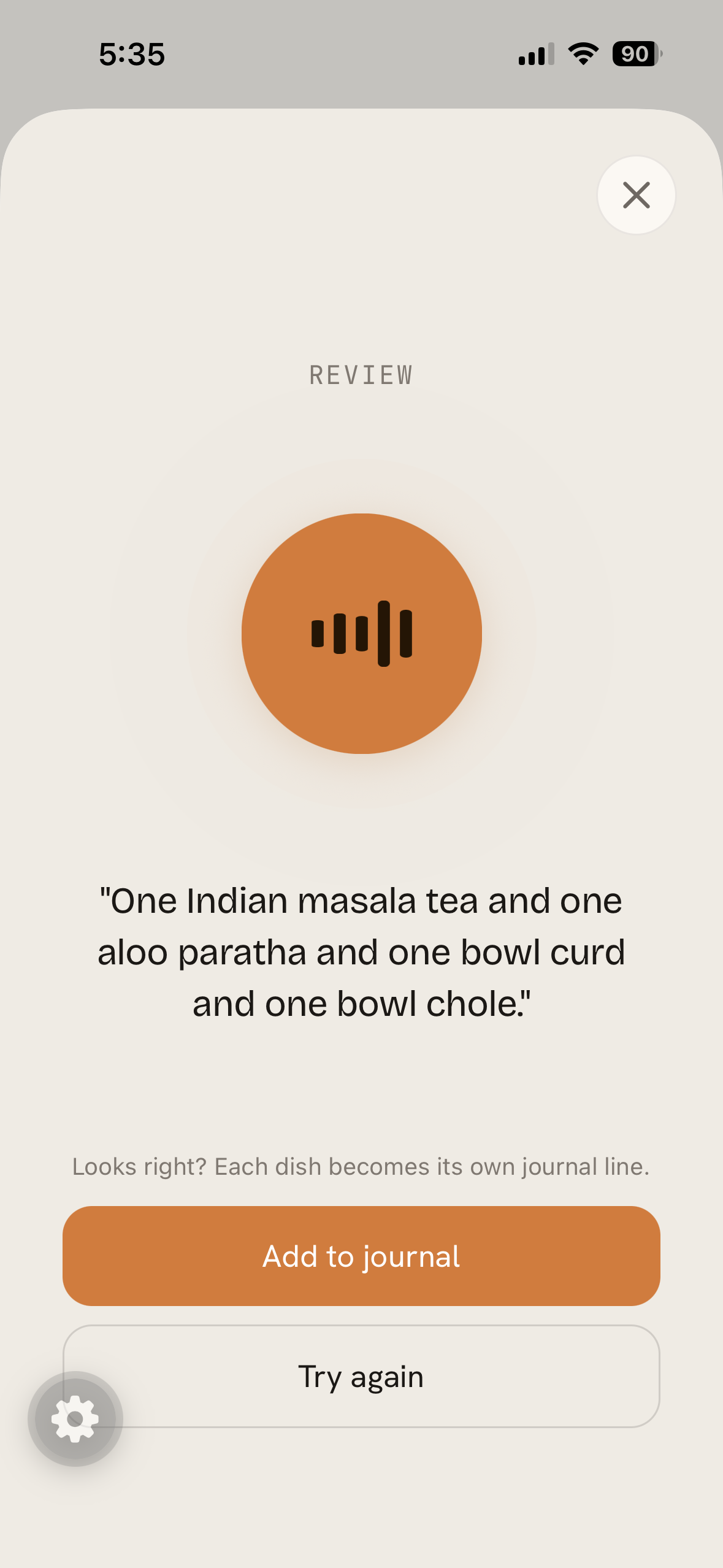 BetterCal showing the meal parsed from voice input